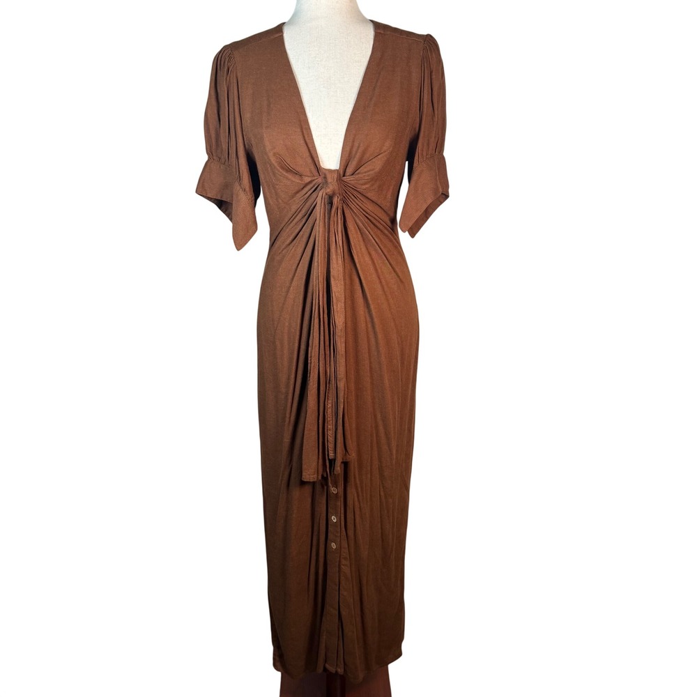 Free People Vintage Summer Midi Dress Chocolate Brown Tie Front Button Sz Small